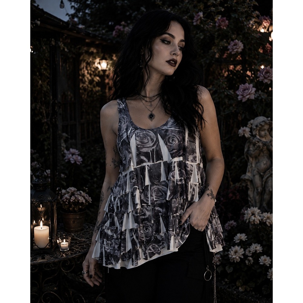 Womens L Whimsy Goth Fairy Witchy Dark Romantic Floral Garden Racerback Tank Top